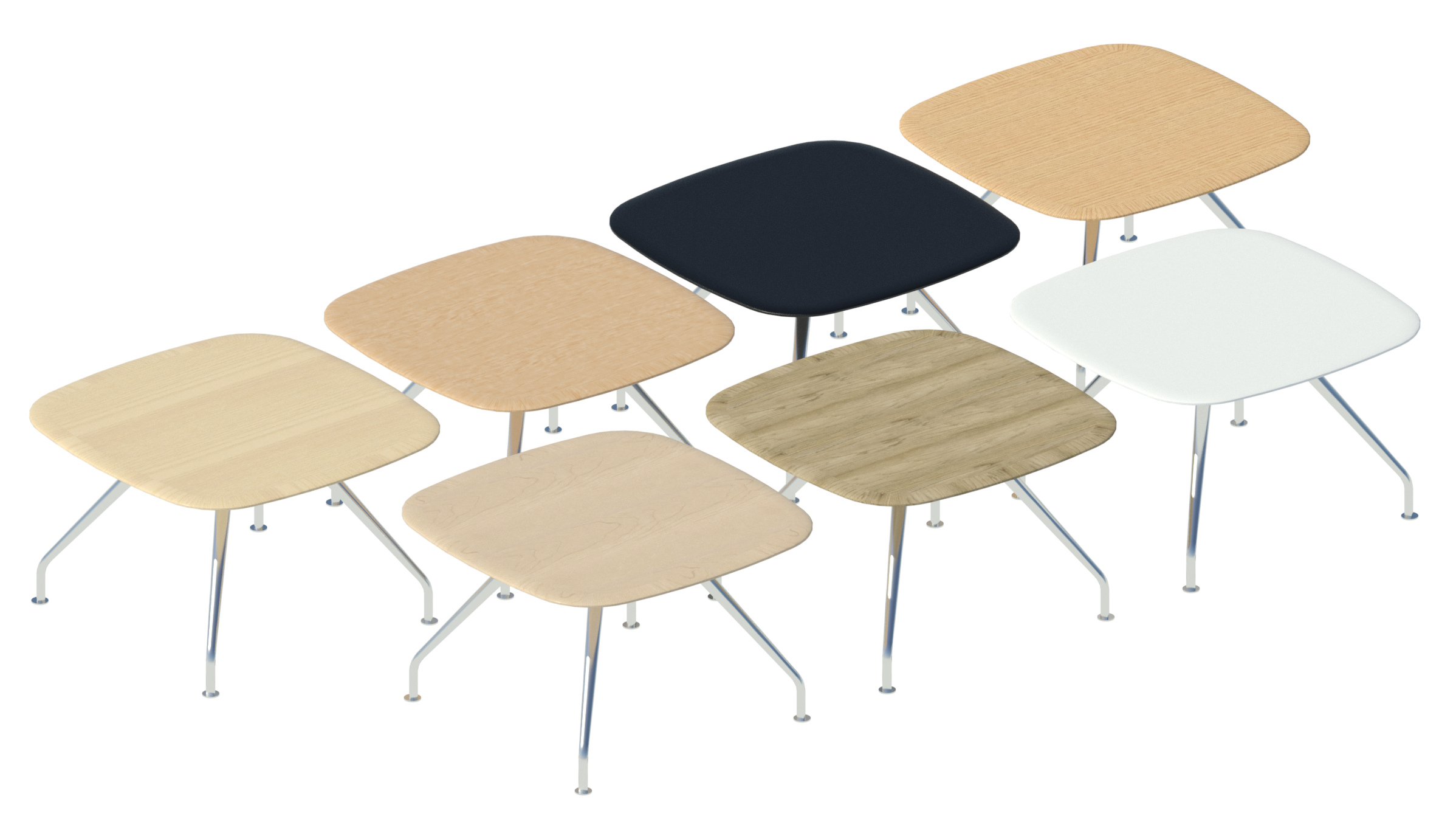 Revit render of every Graph table which comes in seven table materials - Elm, Beech, Black Plastic, Ash, Maple, Walnut and White Plastic.